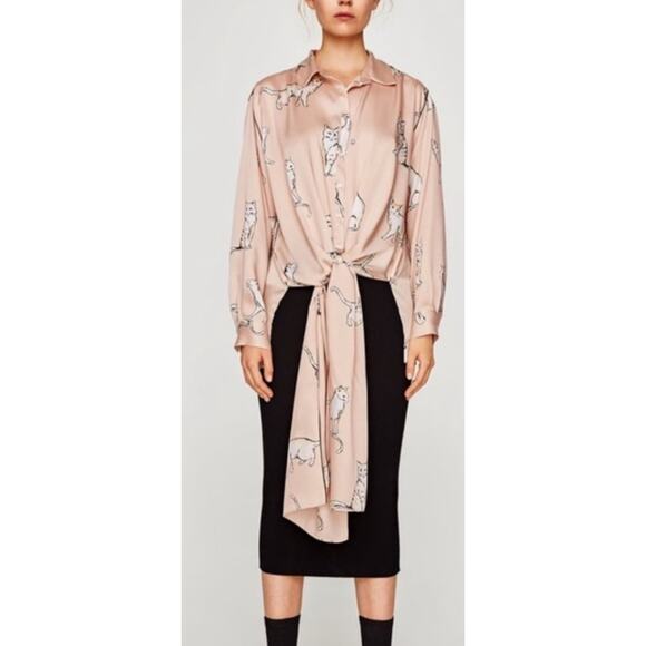 Zara cat print silky ‘fashion pajama’ blogger favorite blouse top, size small - Picture 4 of 16